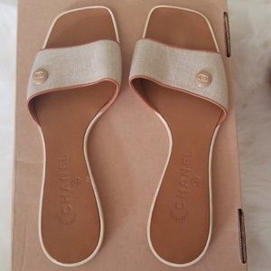 Chanel Beige/Tan Logo Flat Slide Sandals Size 38
